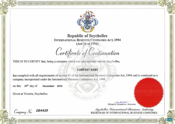 Download Seychelles Certificate of Continuation Photoshop template
